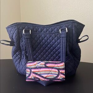 Vera Bradley Quilted Navy Tote Bag with Colorful Wallet